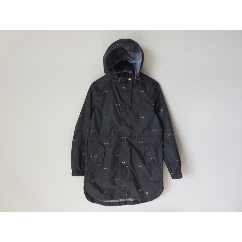 Joules Right As Rain Bee Print Hooded Rain Jacket Size 2/S Black lightweight